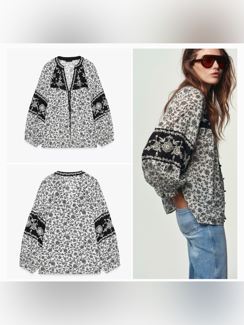 ZARA Floral Print Beaded Embroidery Blouse, NEW WITH TAGS, Small